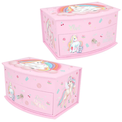 Depesche 13203 Ylvi - Cutie mică pentru bijuterii roz, cu motiv de unicorn și model, cutie de bijuterii cu capac pliabil și oglindă
