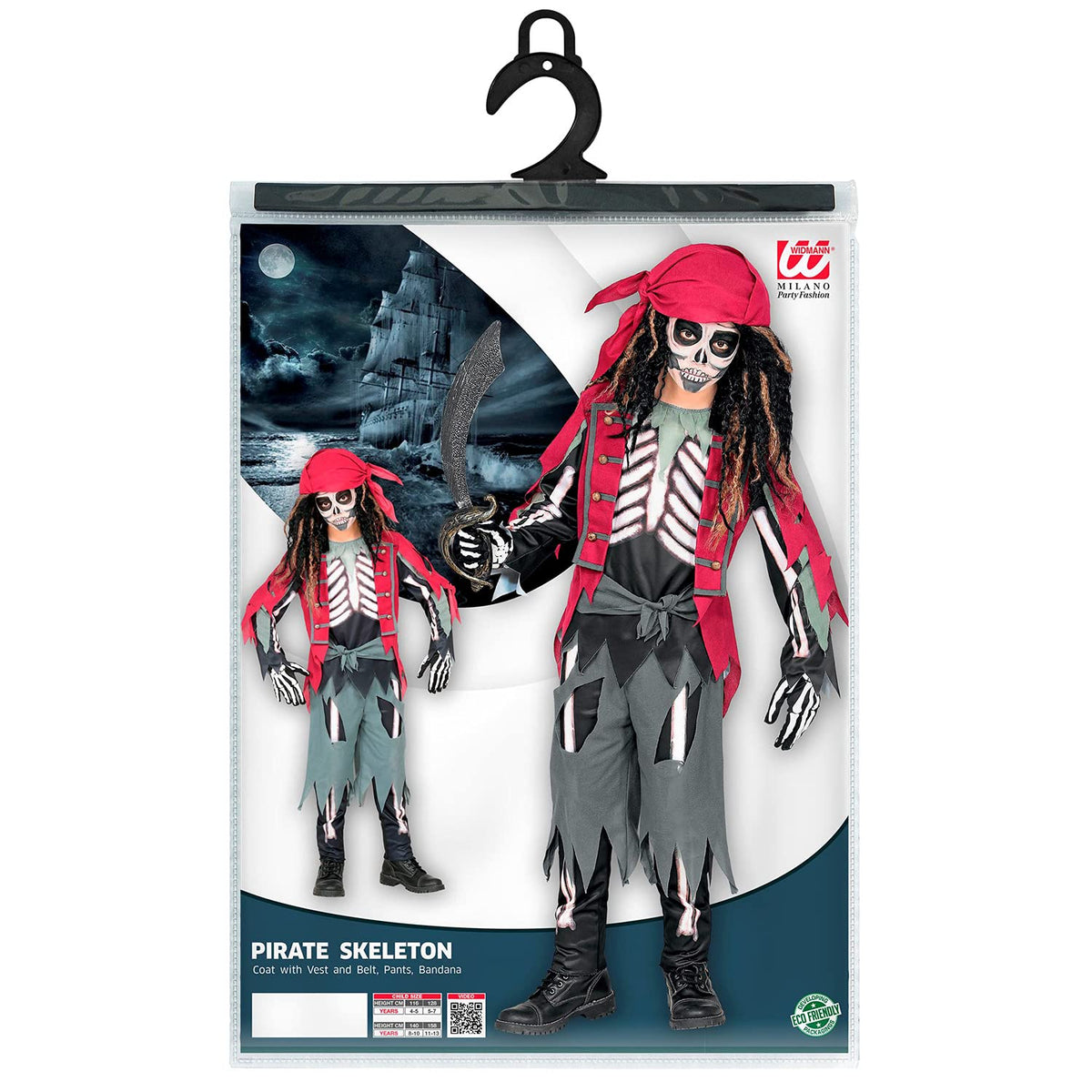 W WIDMANN MILANO Party Fashion Costum pentru copii Schelet Pirat pentru Halloween, Carnaval 5-7 ani
