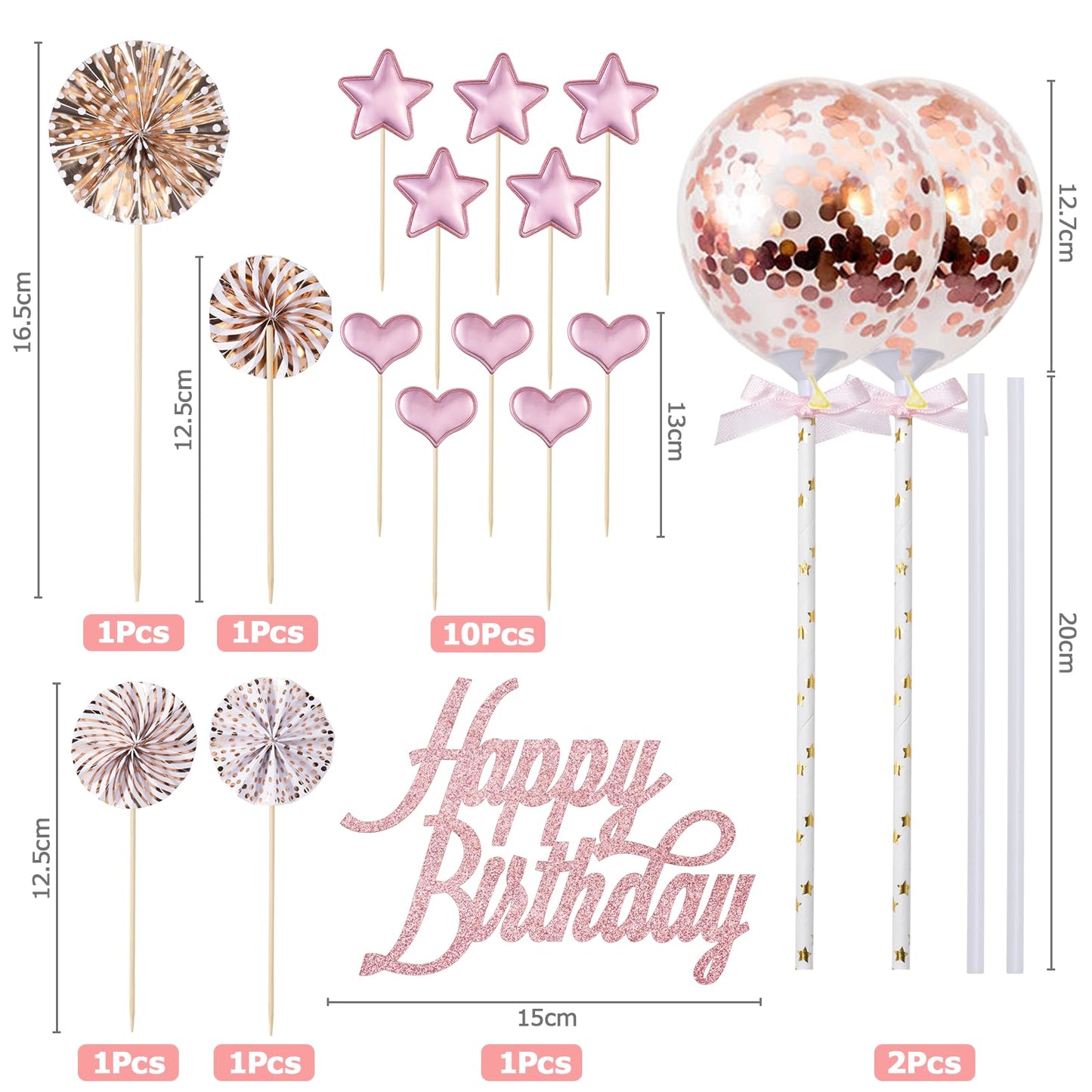 BillyBath Tortendeko Set 17 piese pentru Tort de Ziua de Naștere Happy Birthday, Rose Gold