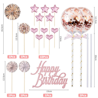 BillyBath Tortendeko Set 17 piese pentru Tort de Ziua de Naștere Happy Birthday, Rose Gold