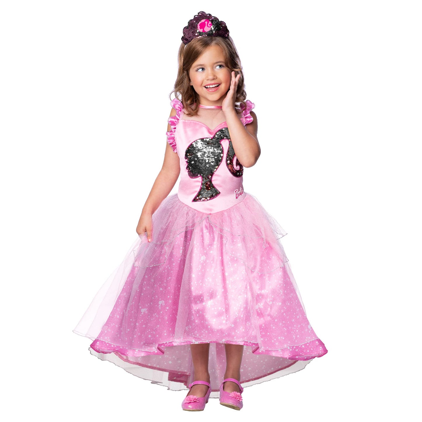 Costum Rubies Barbie  pentru fetițe, Rochie roz cu paiete și tiară, Oficial Mattel Barbie pentru  carnaval, zi de naștere și Halloween.