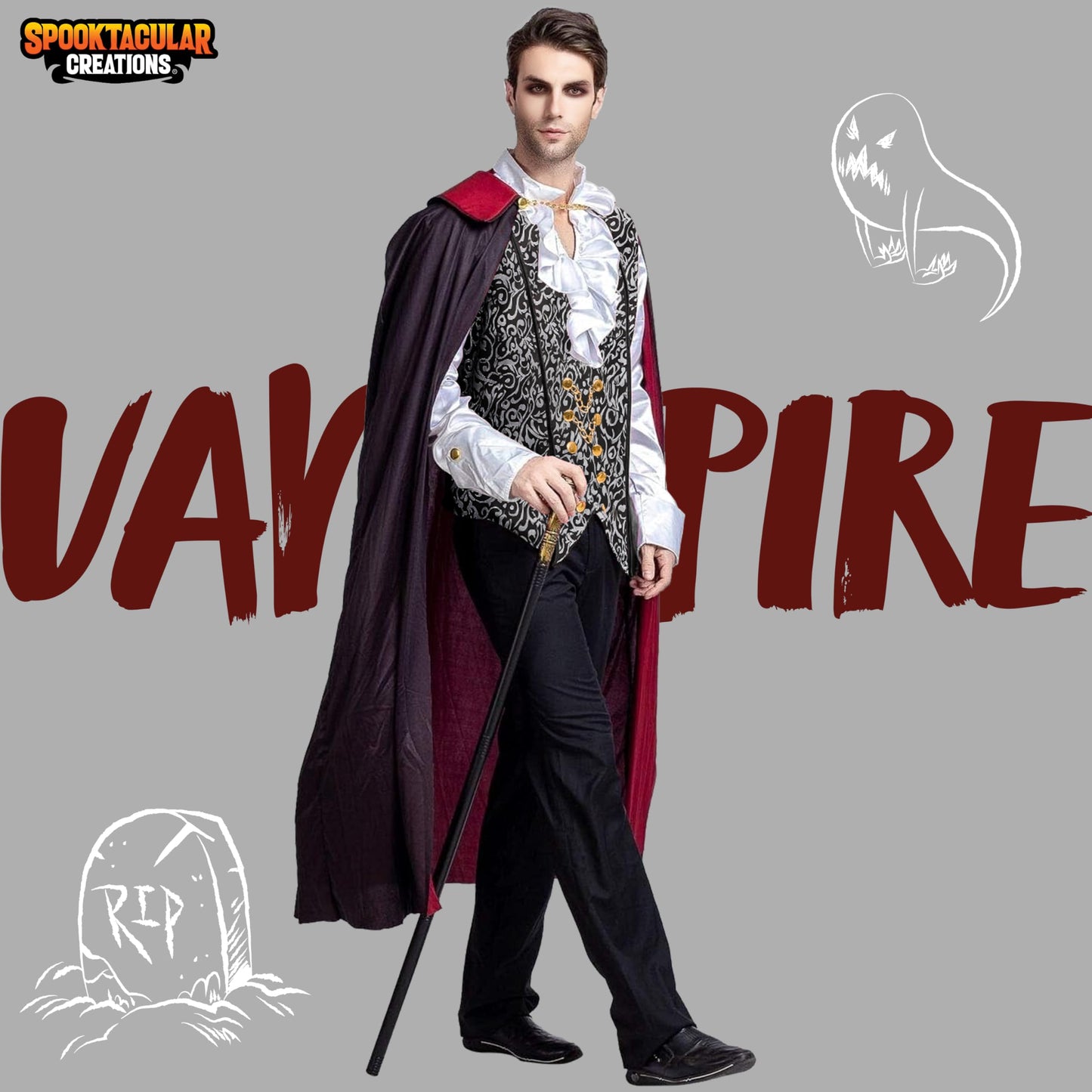 Spooktacular Creations Renaissance Costum Vampir Deluxe pentru Bărbați pentru Halloween și Joc de Rol (argintiu, M)