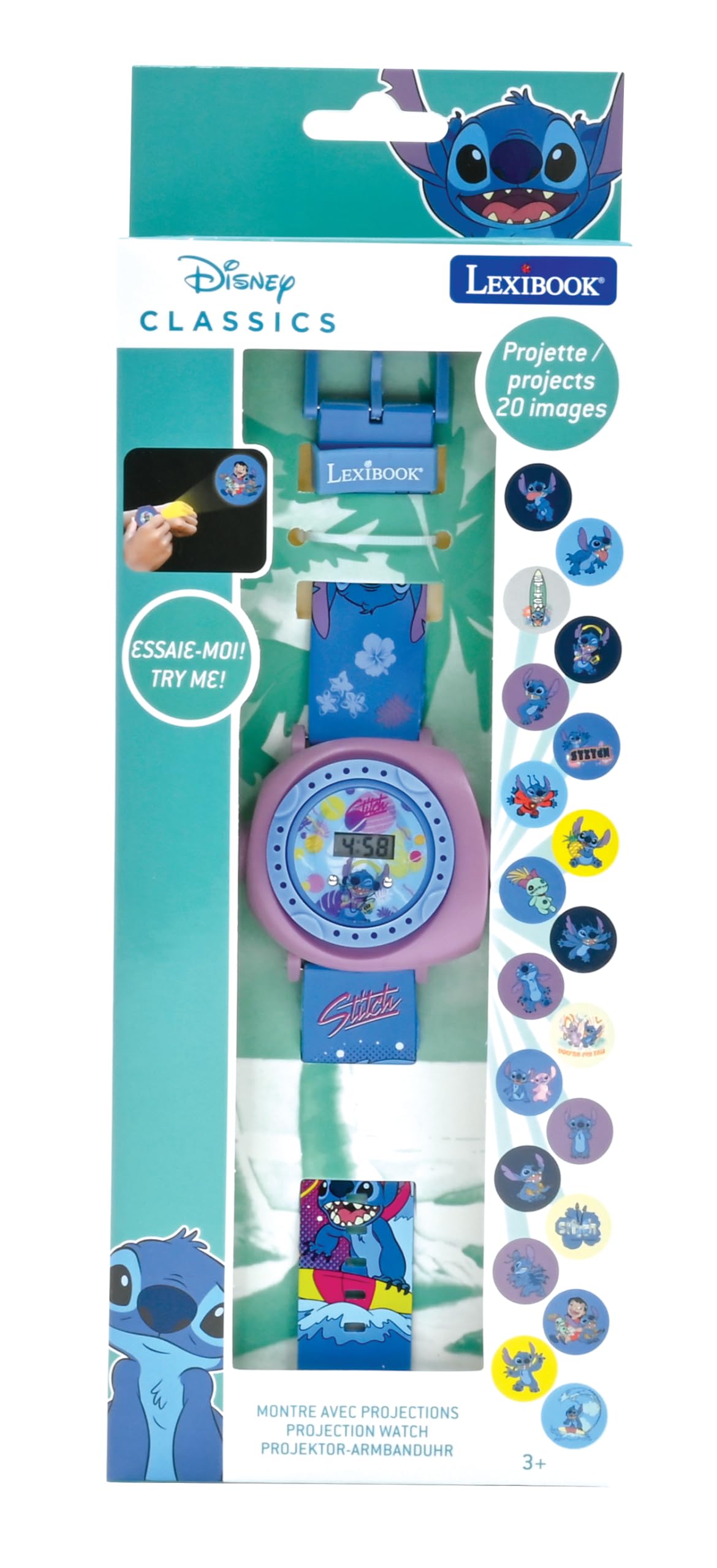 Lexibook DMW050D Ceas de proiecție reglabil Disney Stitch cu ecran digital 20 imagini Lilo & Stitch pentru copii