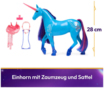 Unicorn Academy River Set de joacă cu unicorn 28 cm cu coamă și coadă naturală, șa și ham detașabile, perie, pentru copii de la 4 ani