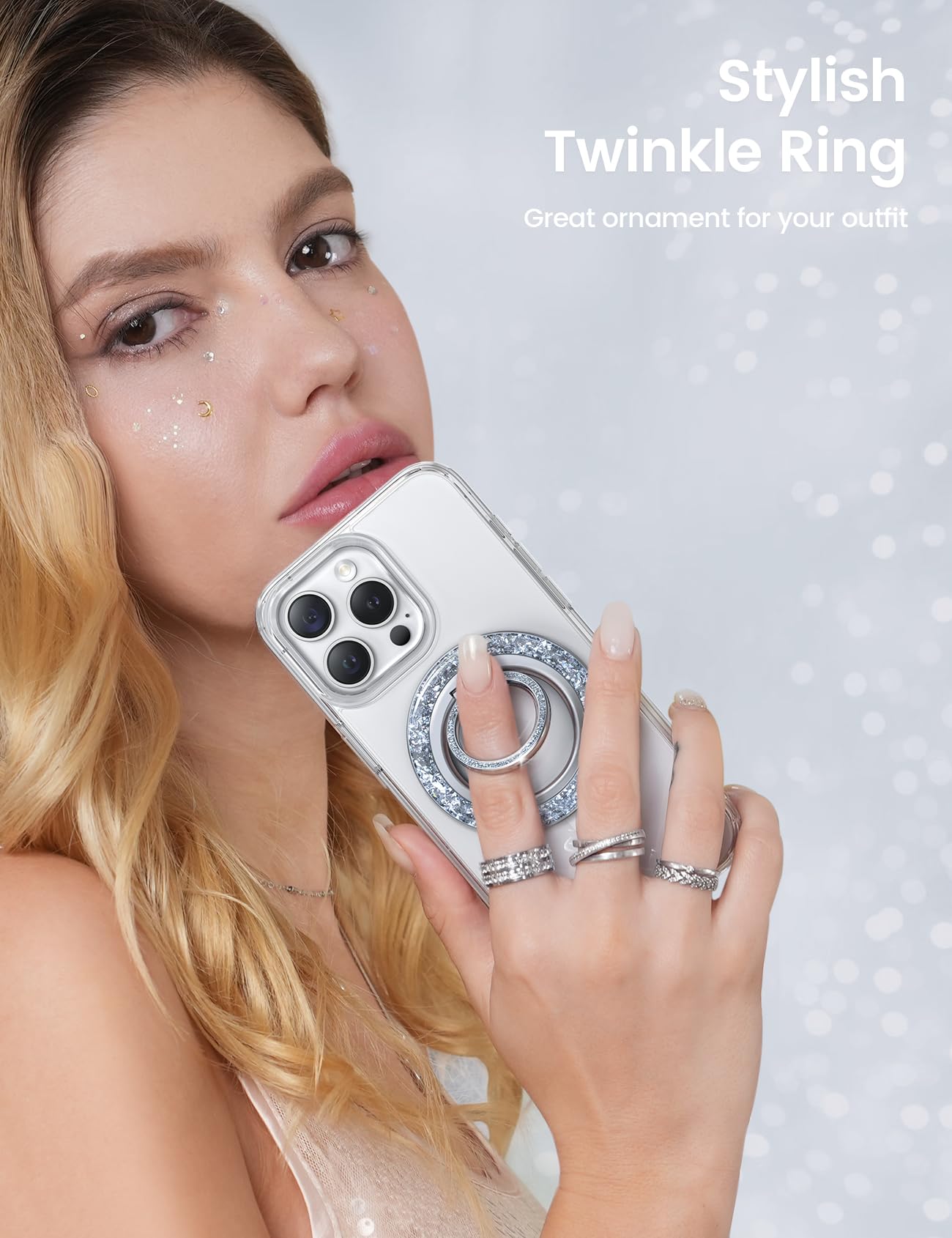 Suport Magnetic pentru Telefon Lamicall Bling pentru MagSafe - [Inel Strălucitor 2025] cu Rotire 360° pentru iPhone 17 16 15 14 13 Pro/Pro Max/Plus/Air, Alte Telefoane cu Inel Metalic - Argintiu
