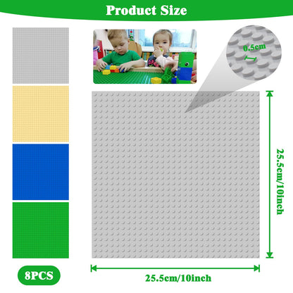 Set 8 Plăci de Construcție NVIYAM, Plăci Clasice 25.5x25.5cm, Compatibile cu Toate Marile Mărci, Set Plăci lego pentru Blocuri Clasice: Verde, Albastru, Gri, Galben