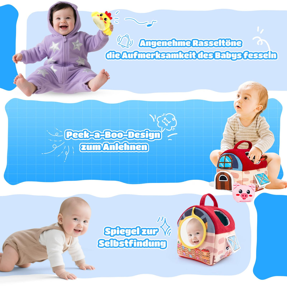 kidmance RX002 Set de joacă Montessori din bumbac cu fermă, zornăitoare și figurină animale 1-2 ani