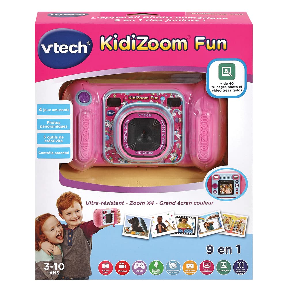 VTech KidiZoom Fun Rose - Cameră digitală pentru copii, 9 în 1, fotografii și videoclipuri, ecran color, filtre, rame și efecte amuzante, cadou pentru copii de la 3 la 10 ani.