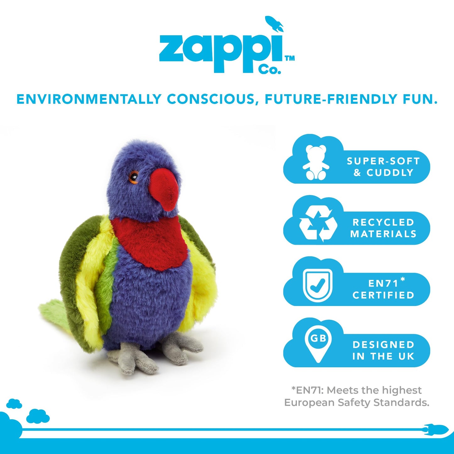 Zappi Co Jucărie de pluș Rainbow Lorikeet 100% reciclată 21 cm Jucărie moale și pufoasă pentru copii nou-născuți