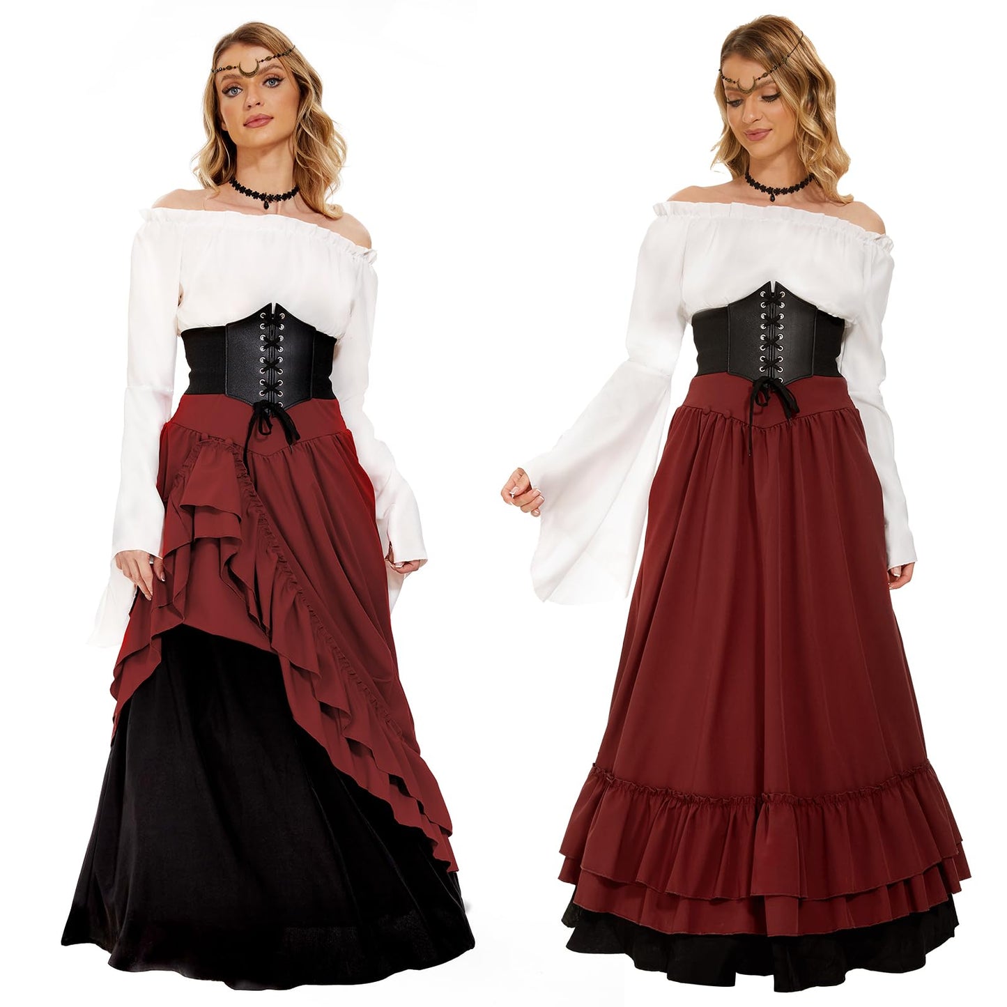 Costum medieval pentru femei FORMIZON, rochie victoriană din renaștere, accesorii medievale cu mâneci evazate și talie înaltă, rochie gotică retro Halloween (roșu și negru, M)