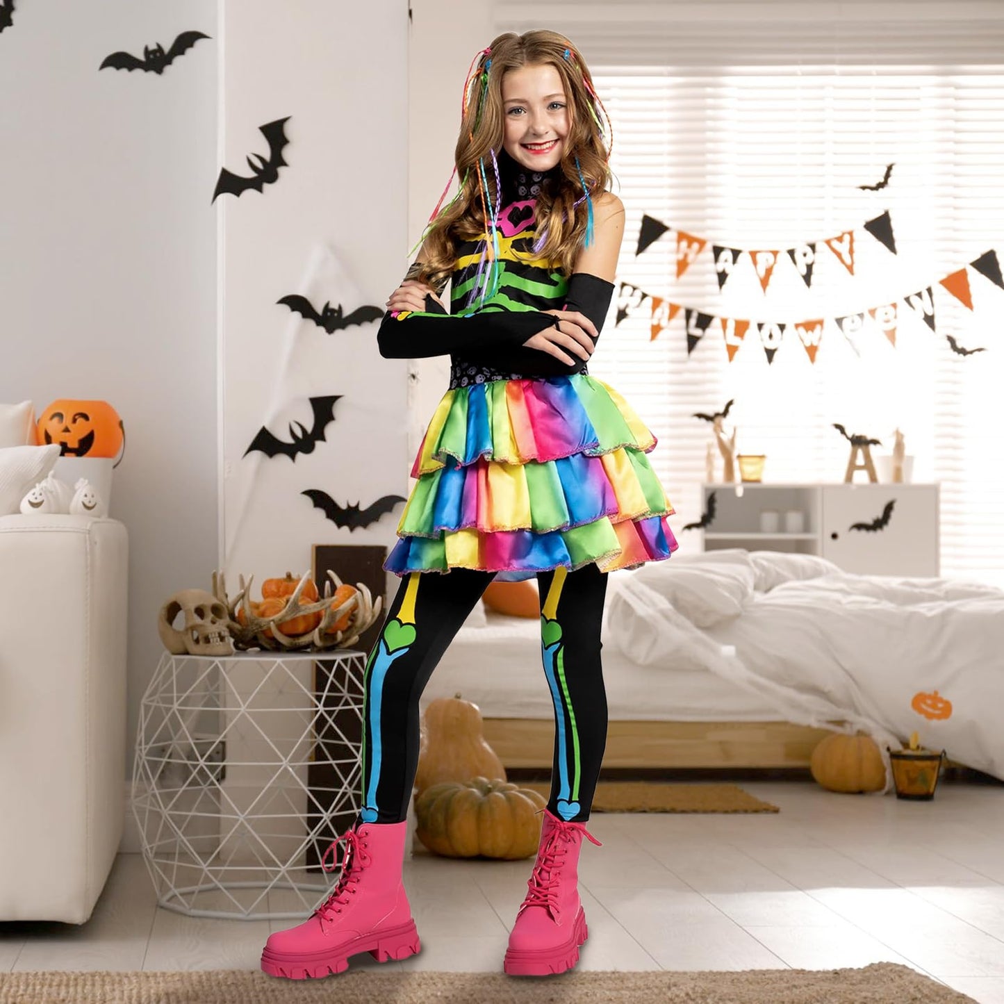 Ntwdby Costum Schelet Colorat fete, Halloween