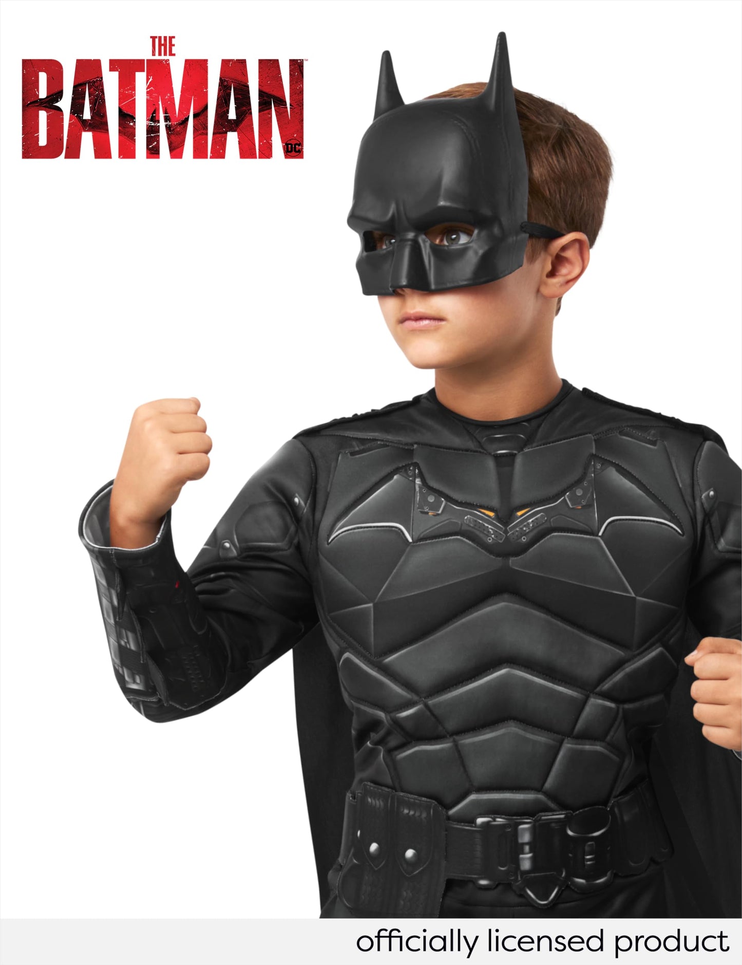 Costum Deluxe Batman pentru băieți, cu piept muscular, oficial din filmul The Batman, de culoare neagră, cu capa detașabilă și mască, ideal pentru Halloween, Crăciun, carnaval și petreceri de naștere.- Rubies