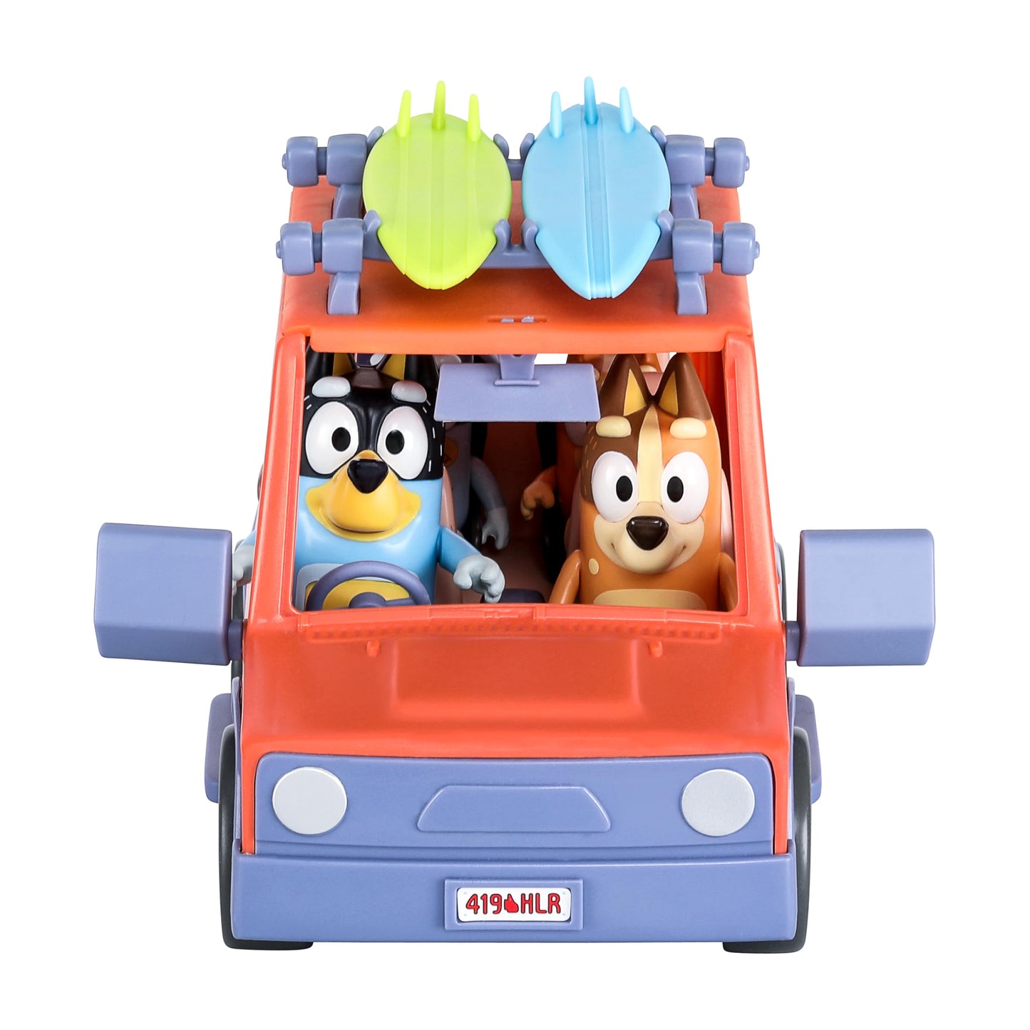 BlueY Heeler - Mașină de familie cu tracțiune integrală și set de 4 figurine, figurine de 6-8 cm, 2 plăci de surf și autocolante ca accesorii, exclusiv pe Amazon.