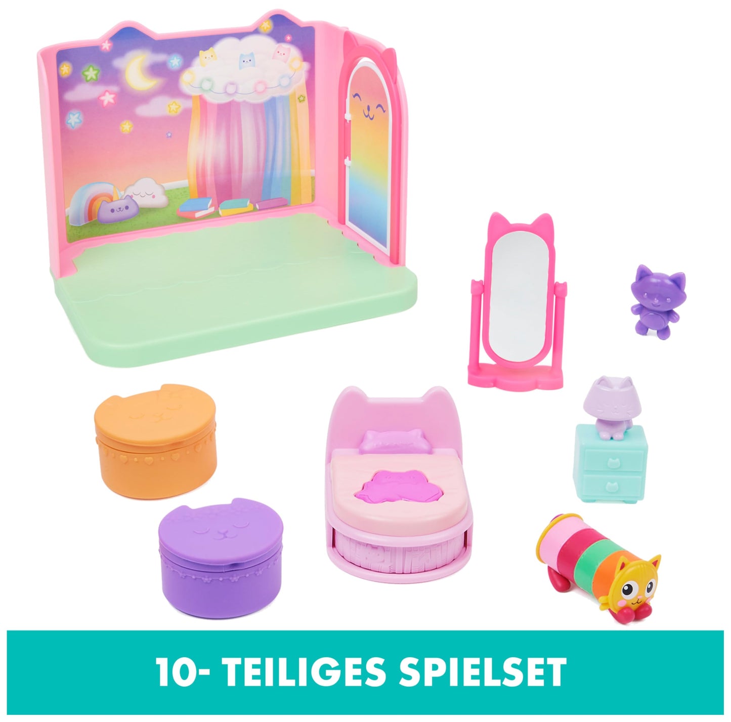 DREAMWORKS GABBY'S DOLLHOUSE - Deluxe Raion, Sweet Dreams, Dormitor cu Pisica Pufoasă, 3 Mobilier și 2 Cutii Surpriză cu Accesorii, pentru copii de la 3 ani