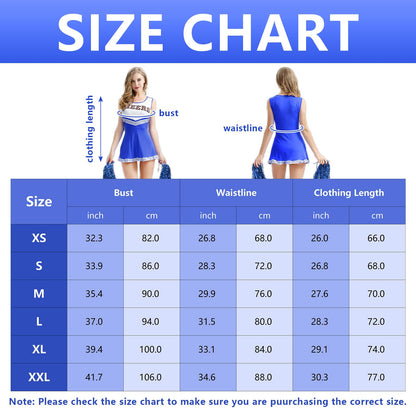 Costum de Cheerleader pentru Femei, Costum de Cheerleader cu Pomponi, Uniformă de Cheerleader, Costum de Halloween pentru Adulți pentru Cosplay pentru Fete (Albastru, XL)