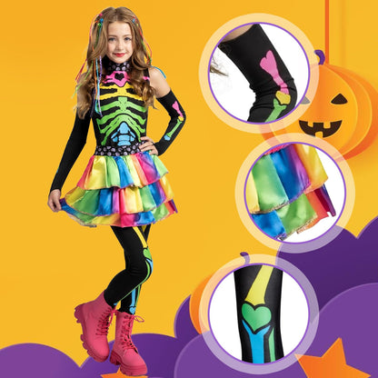 Ntwdby Costum Schelet Colorat fete, Halloween