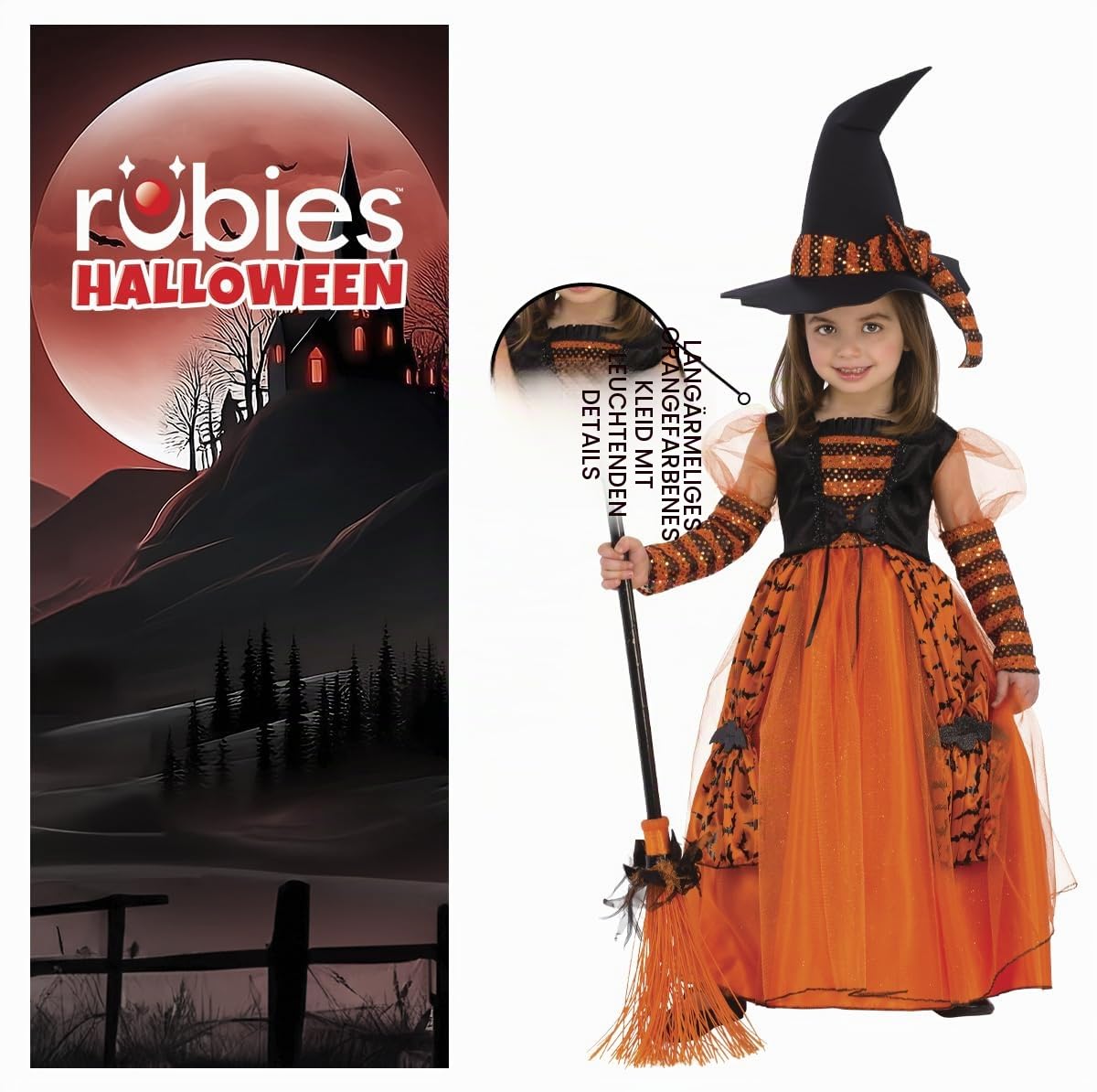 Rubies 510567 Costum de vrăjitoare strălucitor pentru fete, rochie portocalie cu detalii sclipitoare și pălărie cu paiete pentru Halloween, Carnaval, Zi de naștere și Crăciun