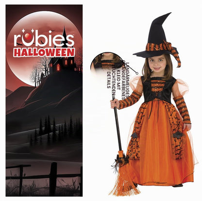 Rubies 510567 Costum de vrăjitoare strălucitor pentru fete, rochie portocalie cu detalii sclipitoare și pălărie cu paiete pentru Halloween, Carnaval, Zi de naștere și Crăciun
