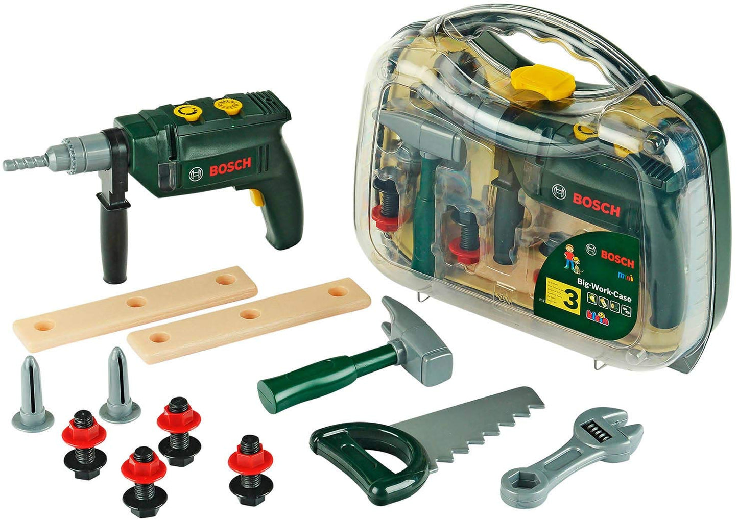 Set unelte Bosch Theo Klein 8416, 16 piese | Include bormasina cu lumina si sunet | Dimensiuni: 32 cm x 8 cm x 29 cm | Jucărie pentru copii de la 3 ani