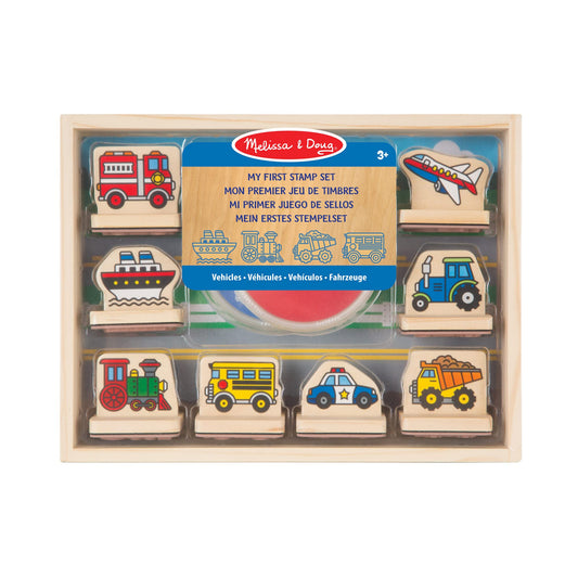 Set de Timbre din Lemn Melissa & Doug - Vehicule | Arte & Meșteșuguri | Seturi de Timbre & Șabloane | 4+ | Cadou pentru Băiat sau Fată