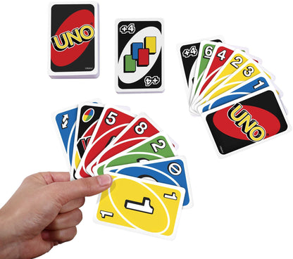 Joc de cărți Mattel Games UNO pentru familie, perfect ca joc pentru copii, joc de călătorie sau joc pentru adulți, pentru 2-10 jucători, de la 7 ani, W2087