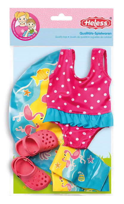 Heless 88 - Set de înot pentru păpuși, costum de baie, clogs, inel și aripi de înot cu motive amuzante, dimensiune păpușă 35 - 45 cm, distracție la baie în zilele călduroase de vară.