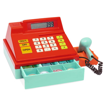 Casă de marcat pentru copii Battat cu scanner și sunet, jucărie de tip casă de marcat, casă de marcat electronică pentru supermarket cu calculator – cu accesorii pentru magazin, bani, card de credit, recomandată de la 3 ani (49 piese)