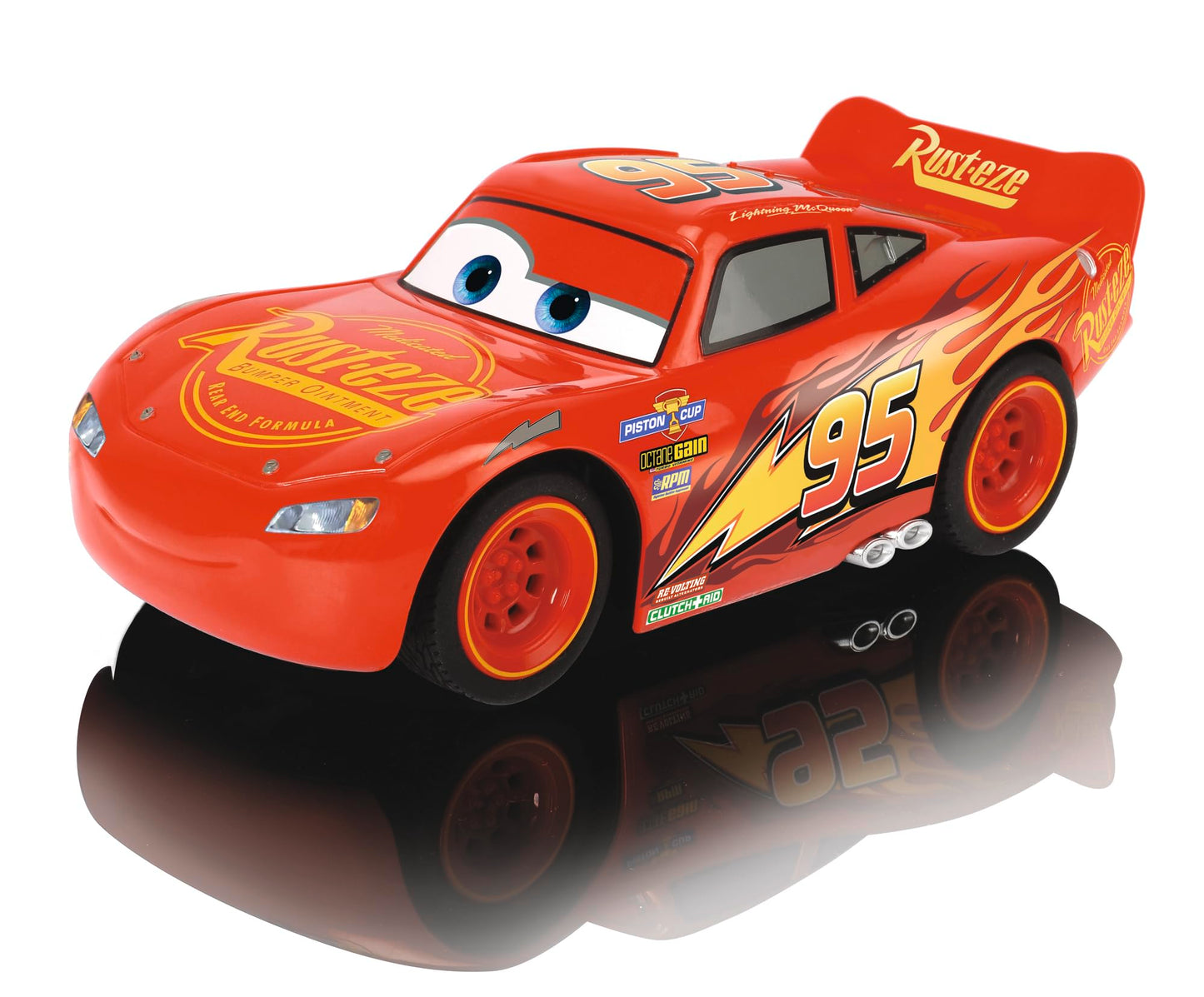 Mașină RC Jada Toys 3 Lightning McQueen Turbo Racer, cu telecomandă 2 canale, jucărie cu funcție turbo, încărcare USB, inclusiv baterii, scară 1:24, 17 cm, roșie.