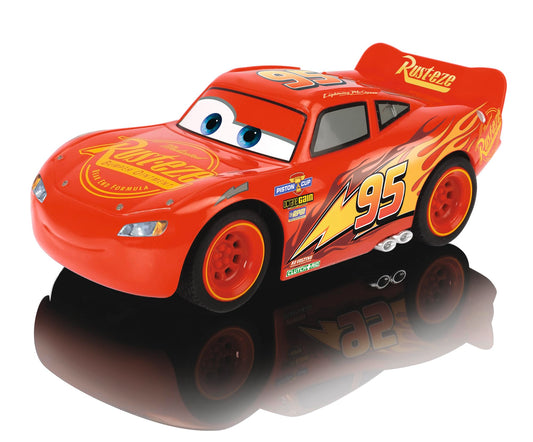 Mașină RC Jada Toys 3 Lightning McQueen Turbo Racer, cu telecomandă 2 canale, jucărie cu funcție turbo, încărcare USB, inclusiv baterii, scară 1:24, 17 cm, roșie.