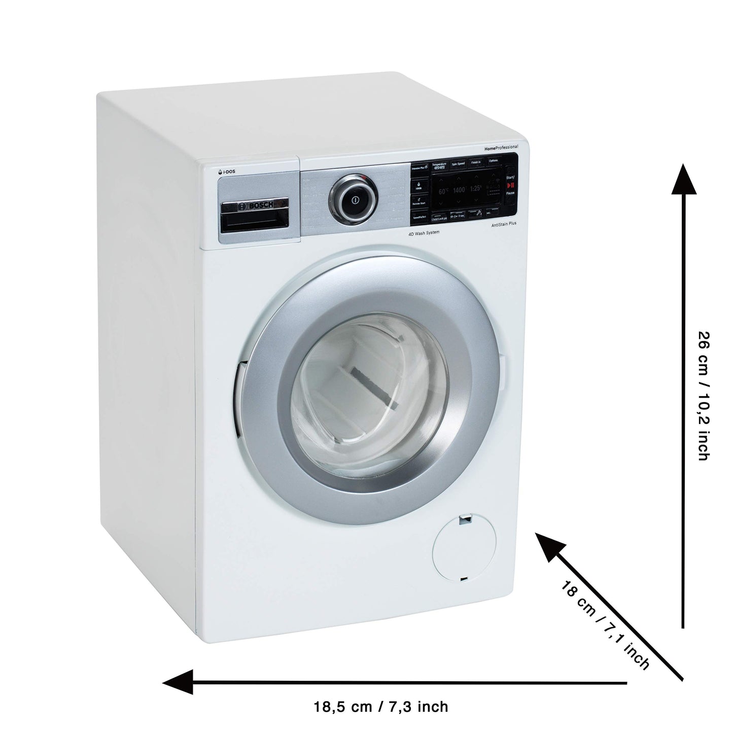 Mașină de spălat Theo Klein 9213 Bosch | 4 programe de spălare și sunete originale | Funcționează cu și fără apă | Jucărie pentru copii de la 3 ani