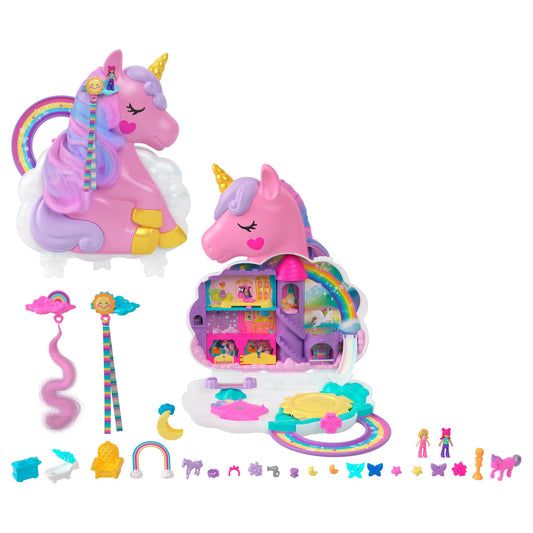 Polly Pocket HYD97 Set de joacă Salon Unicorn Curcubeu cu 2 păpuși și peste 20 accesorii, de la 4 ani (multicolor)