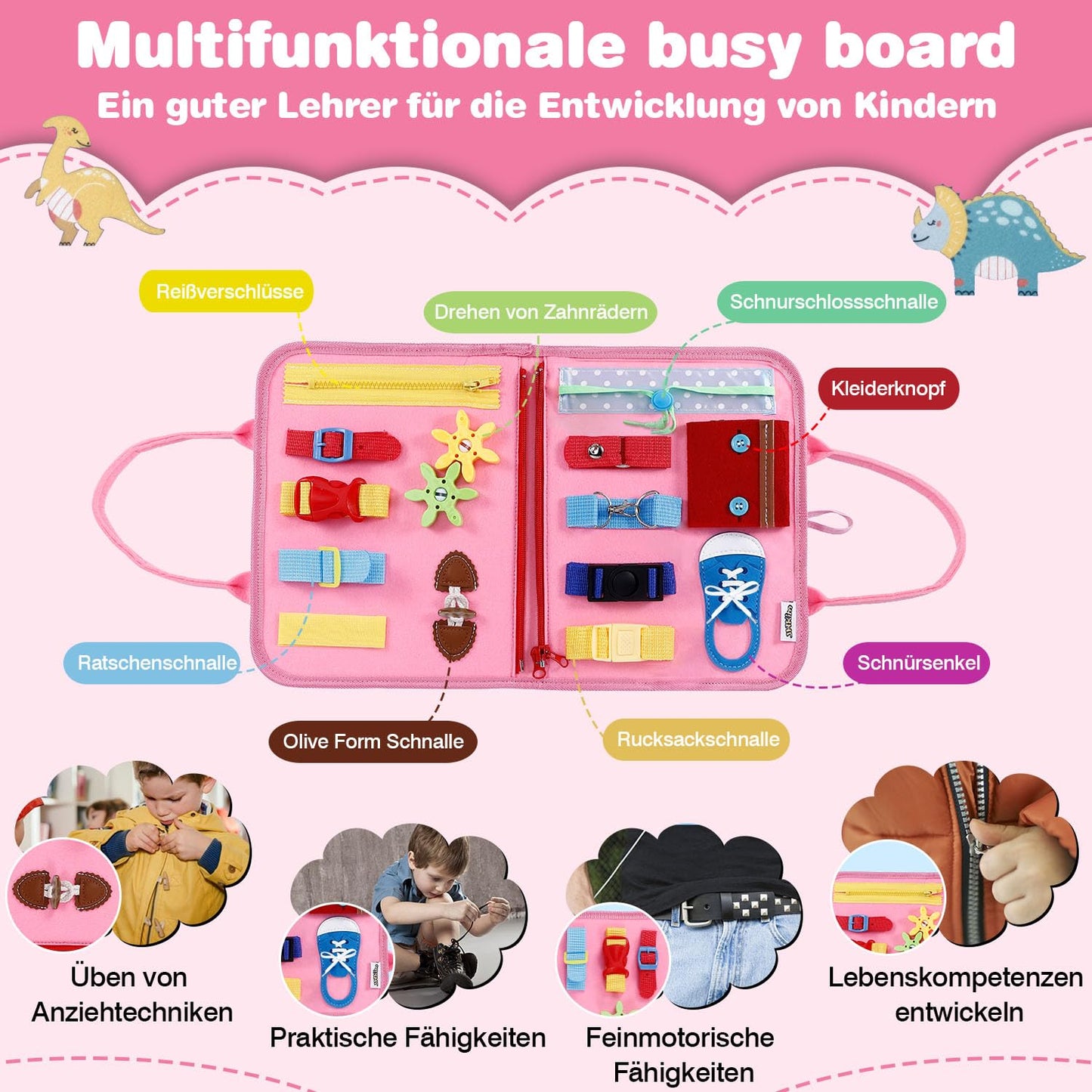 JHkim Busy Board Montessori, 8 pagini, 1+ ani, roz