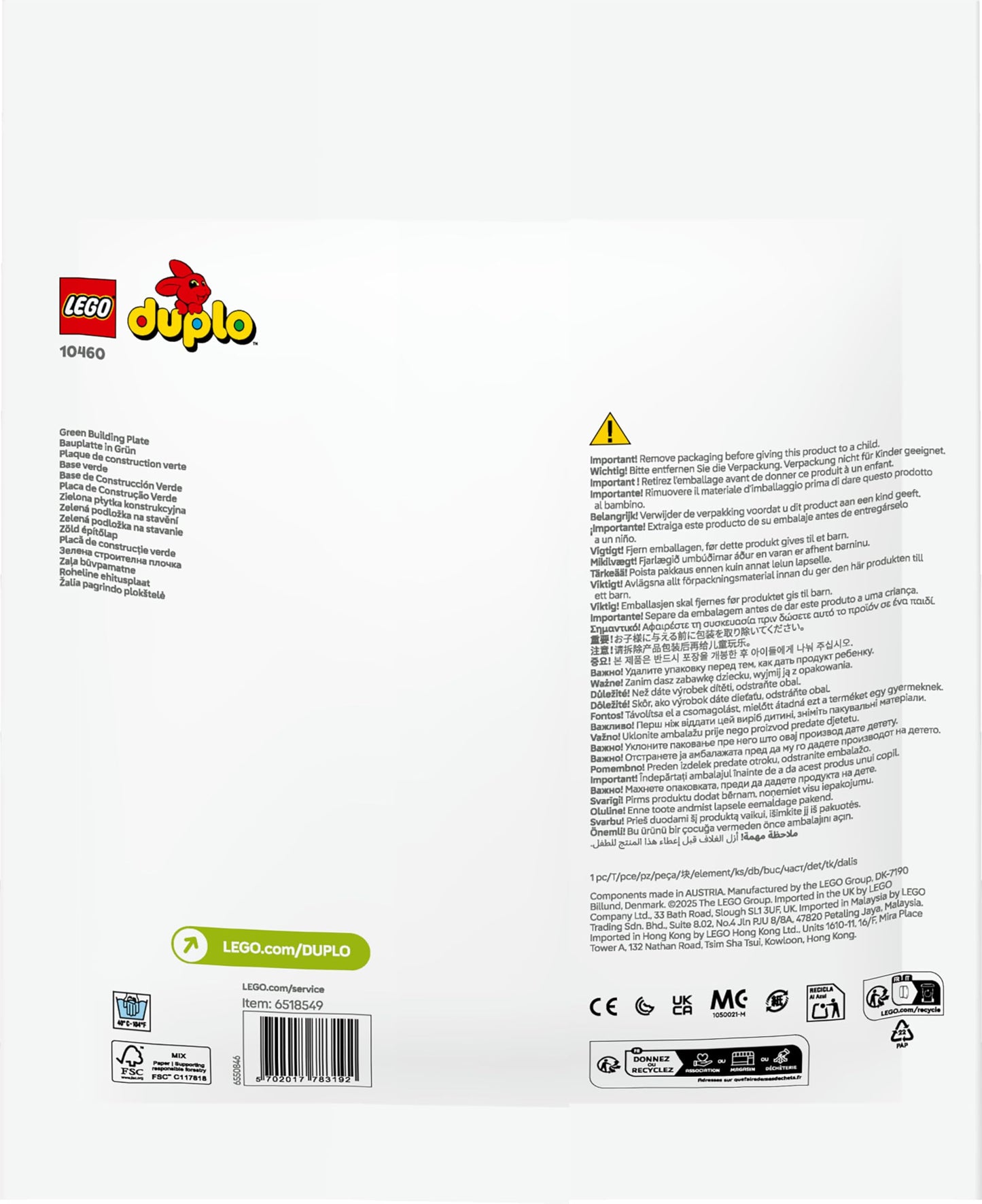 LEGO 10460 DUPLO Placă de construcție verde, 1+ ani