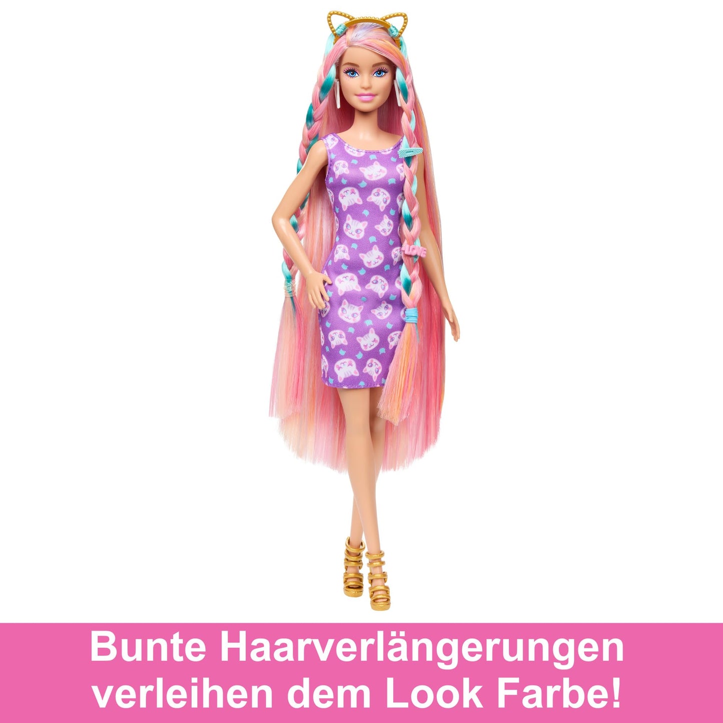 Barbie Fun & Fancy Hair Păpușă cu păr blond extralung colorat și rochie roz strălucitoare 3+ ani