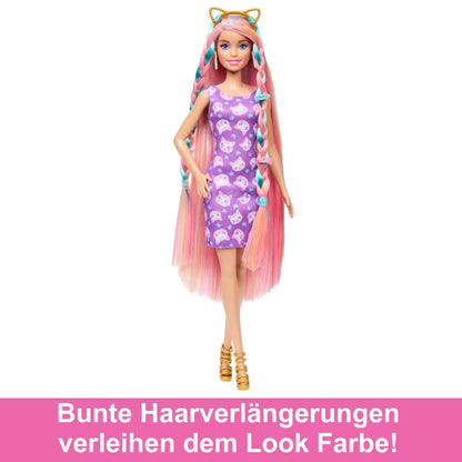 Barbie Fun & Fancy Hair Păpușă cu păr blond extralung colorat și rochie roz strălucitoare 3+ ani