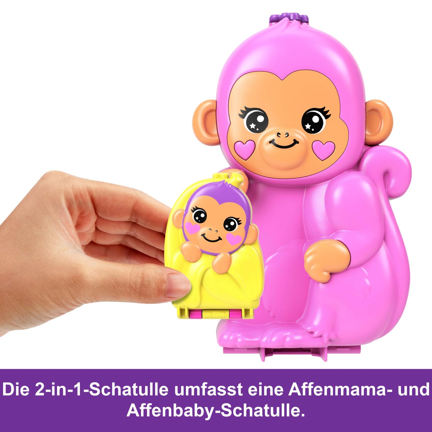 Polly Pocket Păpuși și Set de Joacă cu Animale și 13 Accesorii, 2-in-1 Mama Maimuță și Bebeluș, Geantă Portabilă și Jucărie cu Animale, HWP04