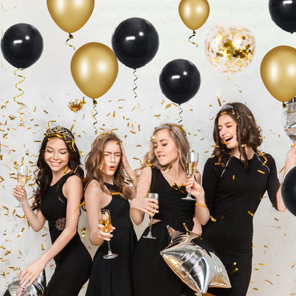 70 de bucăți baloane de latex negre și aurii, baloane cu heliu, baloane metalice cu confetti, pentru aniversări, nunți.