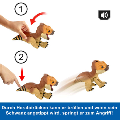 Mattel Jurassic World Primal Protector Aquilops Dolores Figurină interactivă de dinozaur cu mișcări de atac și sunete de răget, accesoriu alimentar, de la 4 ani