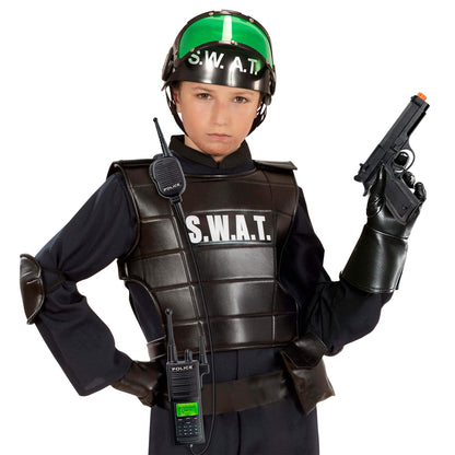 WIDMANN MILANO Party Fashion 28227 - Costum S.W.A.T. pentru copii, cu cască, pistol și stație radio, negru, special pentru carnaval și petreceri tematice