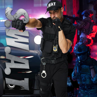 Costum Ulikey SWAT pentru bărbați, vestă poliție, costum de securitate cu vestă, șapcă, suport pentru pistol și curea pentru cosplay, Halloween, carnaval, petreceri.