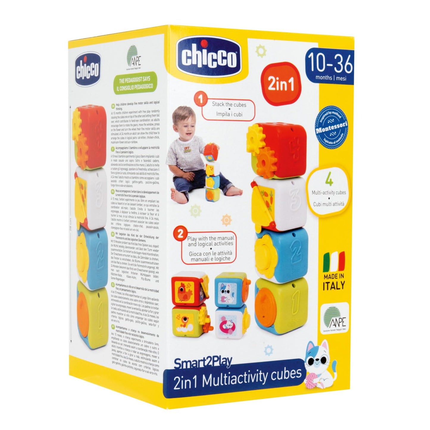 Cub multifuncțional 2 în 1 Chicco, set cu 4 blocuri colorate de animale, stivuite pentru distracție senzorială, activități manuale și logice, jucărie pentru copii 10-36 luni.