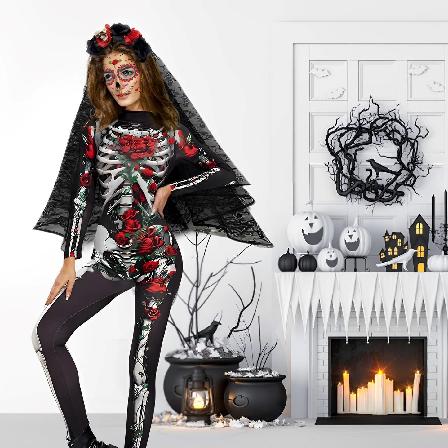 Ycaaeo Costum Schelet Halloween cu Trandafir