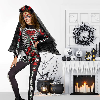 Ycaaeo Costum Schelet Halloween cu Trandafir
