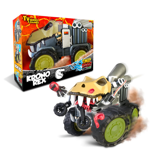 Swap Riders - Camion KRONO REX, Monster Truck, vehicul de curse, tematică dinosaur T-Rex, 1 figură exclusivă Rider, fichițe interschimbabile, pentru băieți și fete + 4 ani, Famosa (WAP00000)