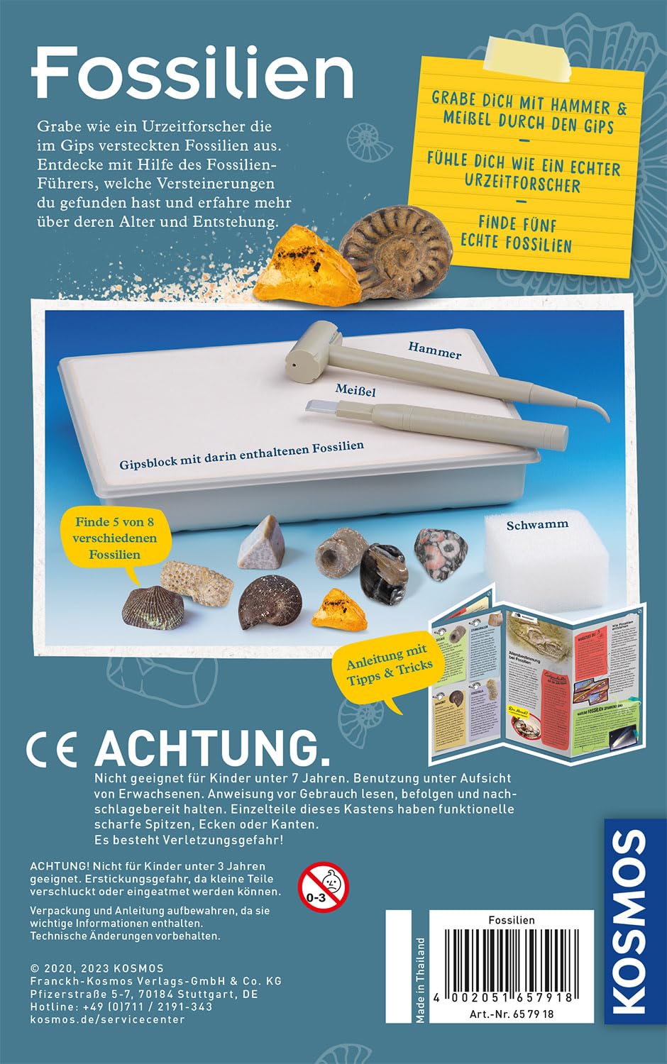 Set de Excavare Fosile KOSMOS 657918, Descoperă Versteinerări și Chihlimbar cu Ciocan și Dălti, Experiment pentru Copii de la 7 Ani