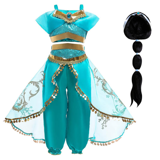 Costum de prințesă Jasmin pentru fete cu perucă - Costum Aladdin pentru copii, rochie de prințesă pentru Crăciun, zi de naștere, petrecere, Halloween, carnaval, cosplay.