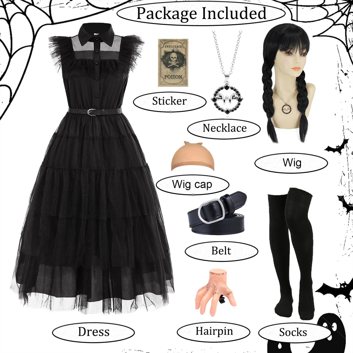 UWXOZO Costum Miercuri Gotic, Rochie cu Accesorii