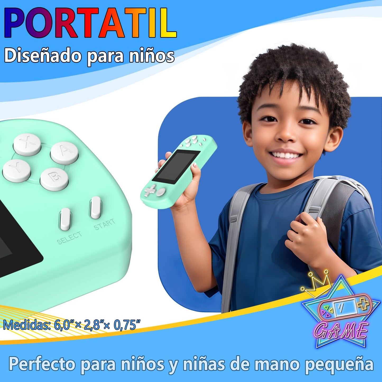 KAVOYI KA682 Consolă portabilă pentru copii cu 218 jocuri video preinstalate, ecran LCD 3,0 inch, consolă retro mini cu baterie reîncărcabilă, cadou jucărie cyan