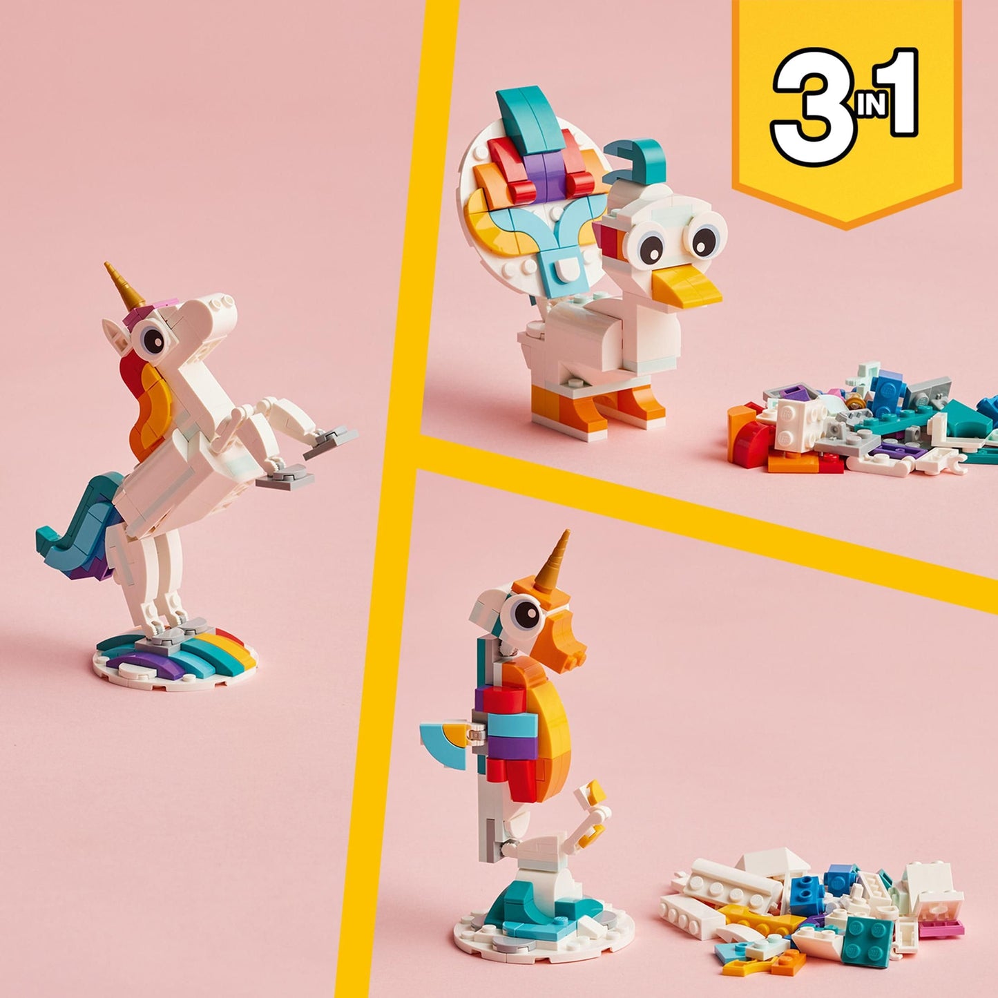 LEGO Creator 3-in-1 Unicorn Magic - Jucărie cu Minifigurine - Figurina de animal se transformă într-un Seahorse sau un Păun - 31140