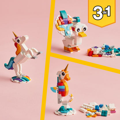 LEGO Creator 3-in-1 Unicorn Magic - Jucărie cu Minifigurine - Figurina de animal se transformă într-un Seahorse sau un Păun - 31140